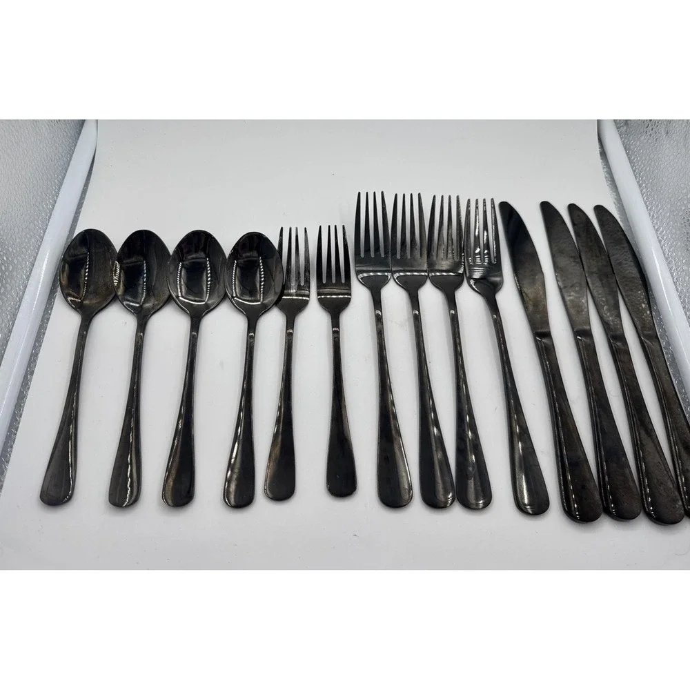 Black Satin Flatware Stainless Steel Spoon Fork Knives 14 Pieces